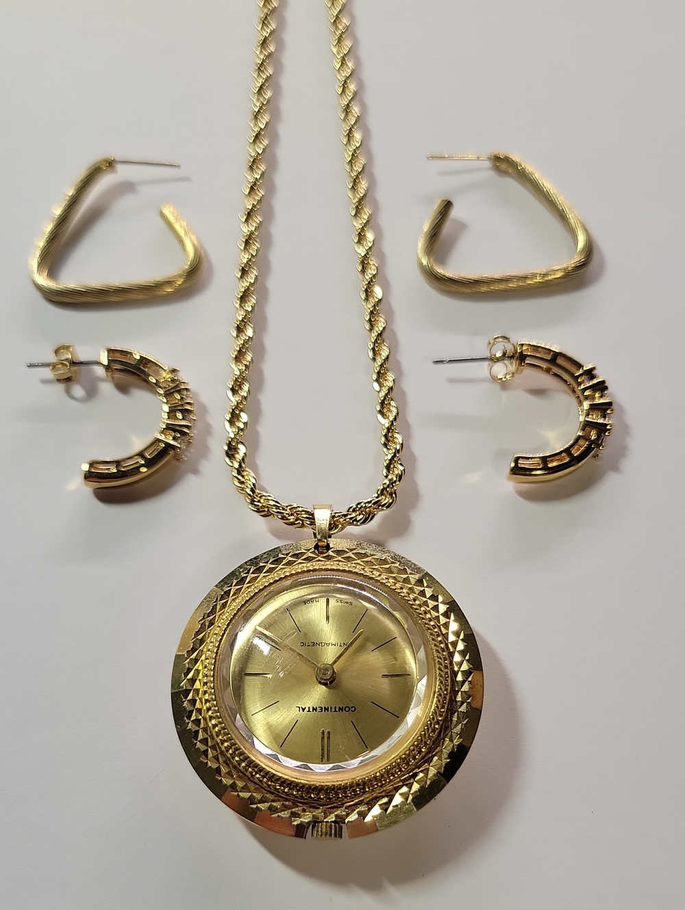 Gold Tone Pendant Watch Necklace with Hoop Earrings